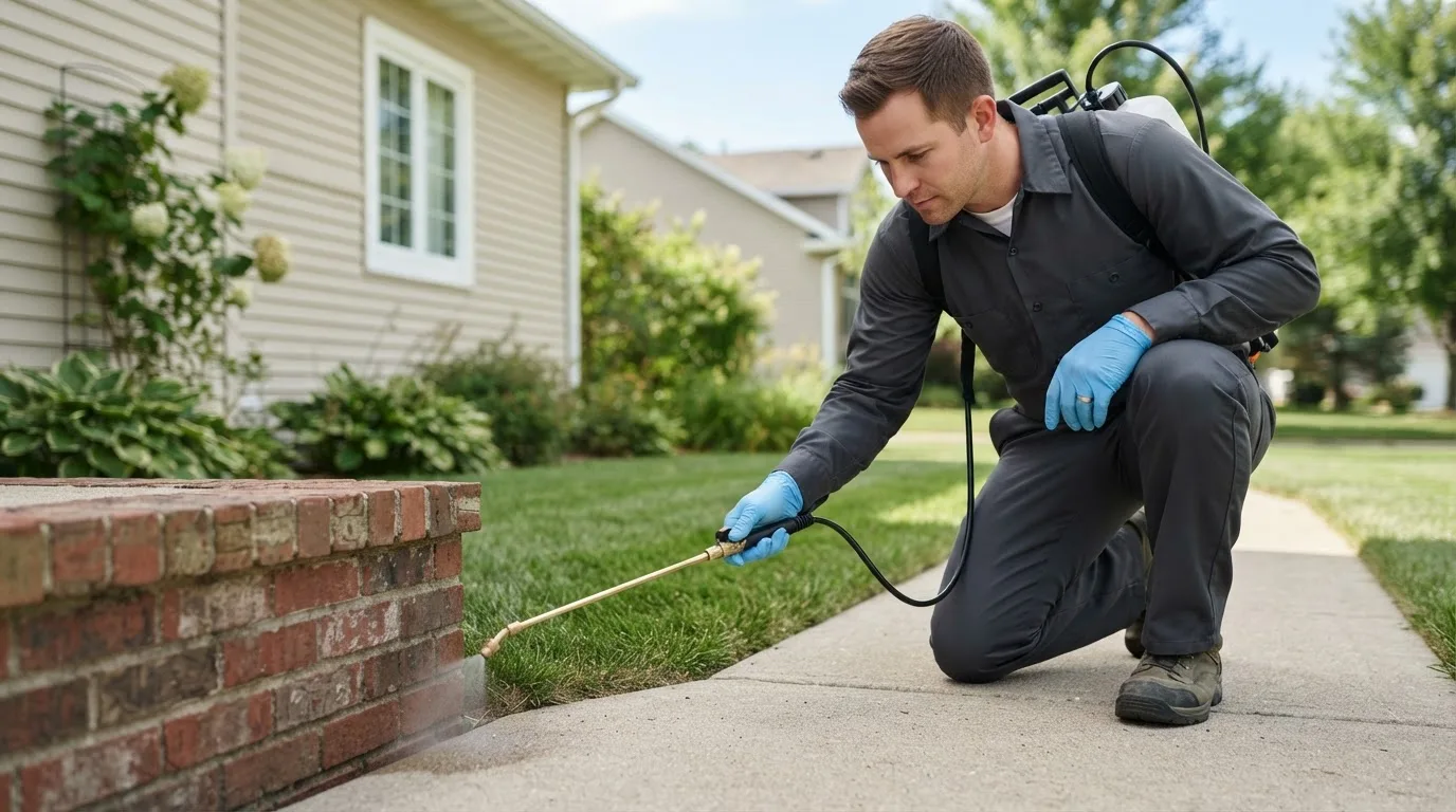 Pest control technician treating a home near Fanshawe, OK