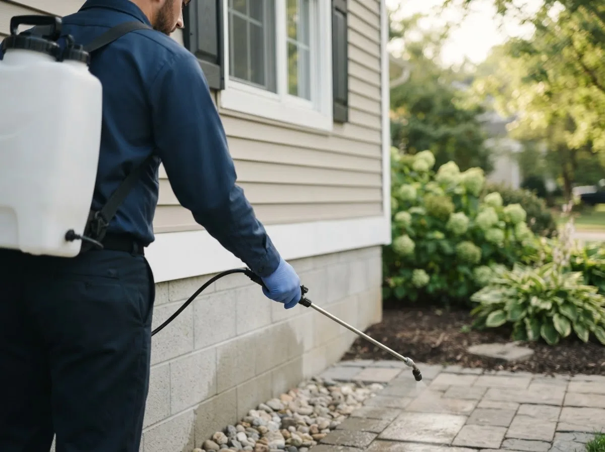 Pest control technician inspecting a home in Fanshawe, OK